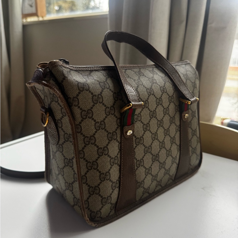 Authentic GUCCI Sherry Line GG Monogram Bag Beige and Brown Monogram Bag - Picture 9 of 15